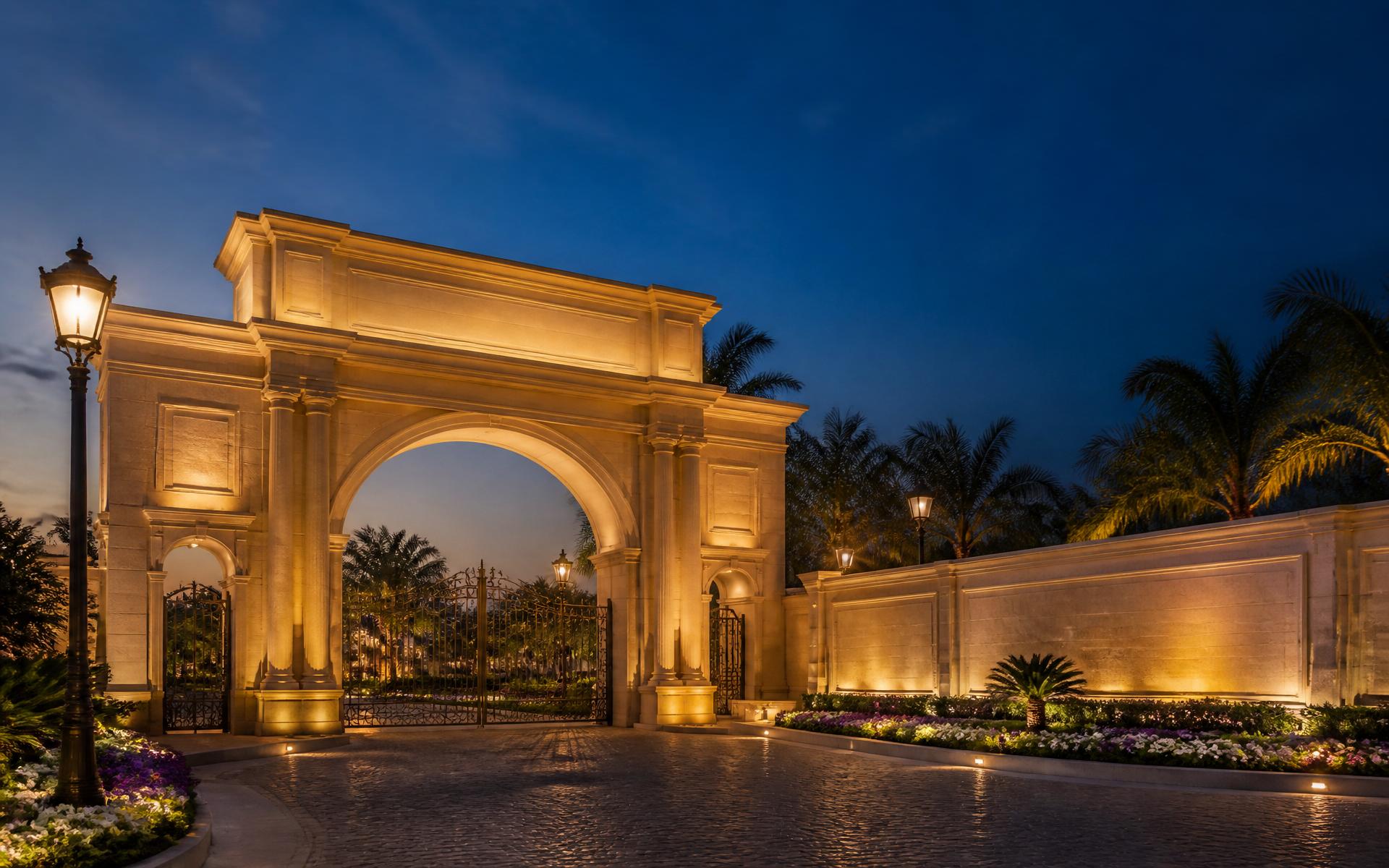 Illuminated luxury gated community archway at dusk