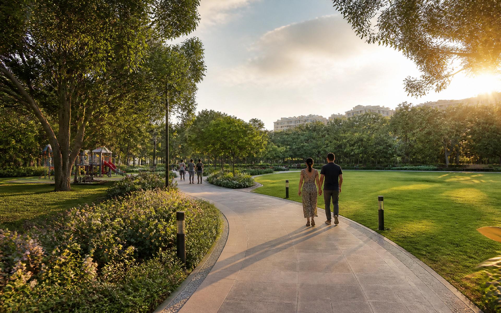 Families walking through a landscaped community park at sunset