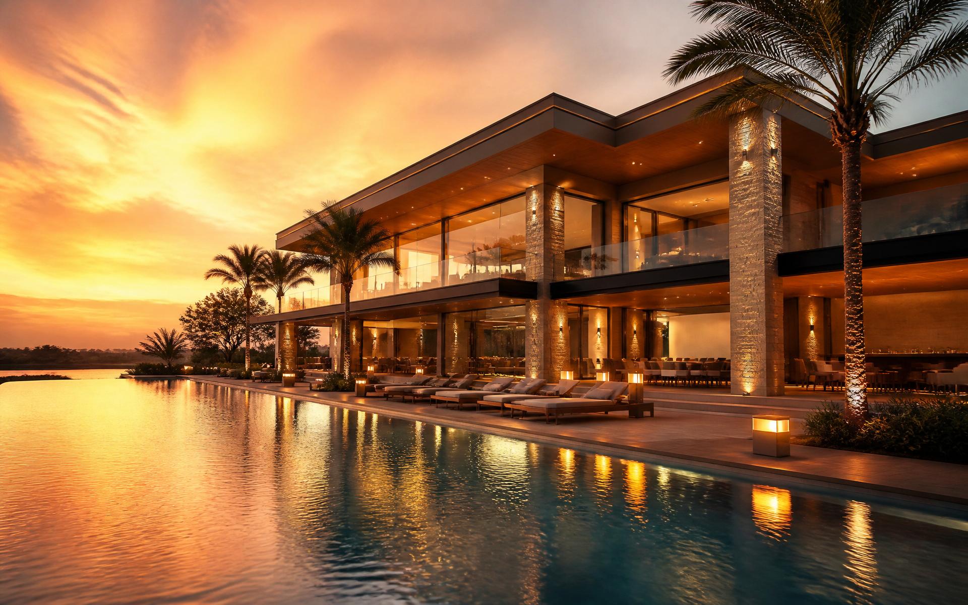 Modern luxury clubhouse with pool at sunset